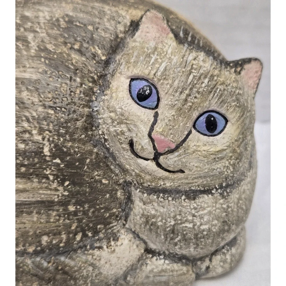 Vintage Ganz Resin Cat Figurine - Curled Up Tiger Striped Kitty, Rock Like Stone